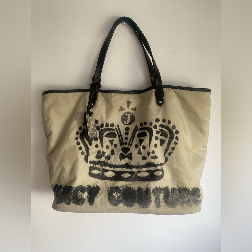 Juicy Couture Beige and Black Tote Bag with Crown Print